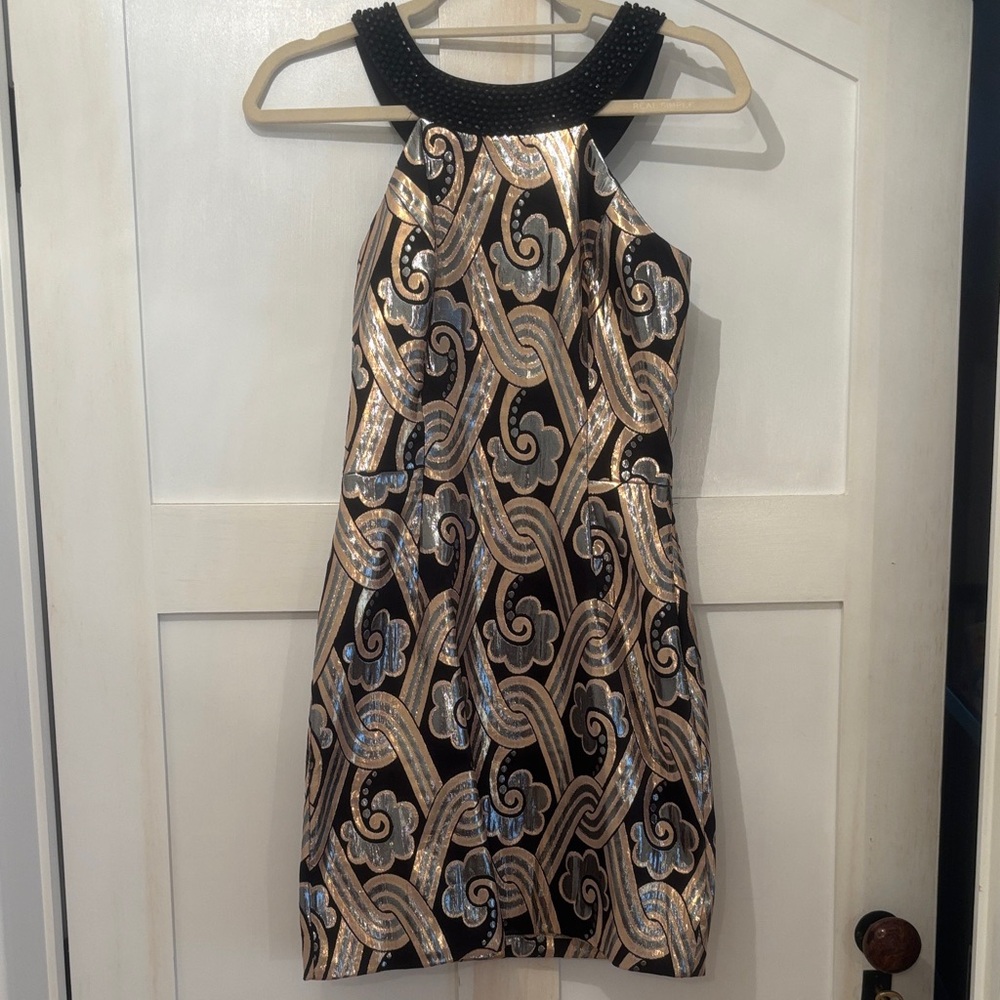 Lilly Pulitzer Sydney Mini Dress in Black Metallic Vintage Brocade, Size 00